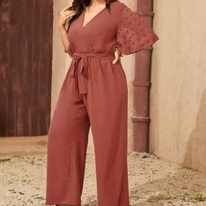 SHEIN Swiss Dot Butterfly Sleeve Wide Leg Belted Jumpsuit